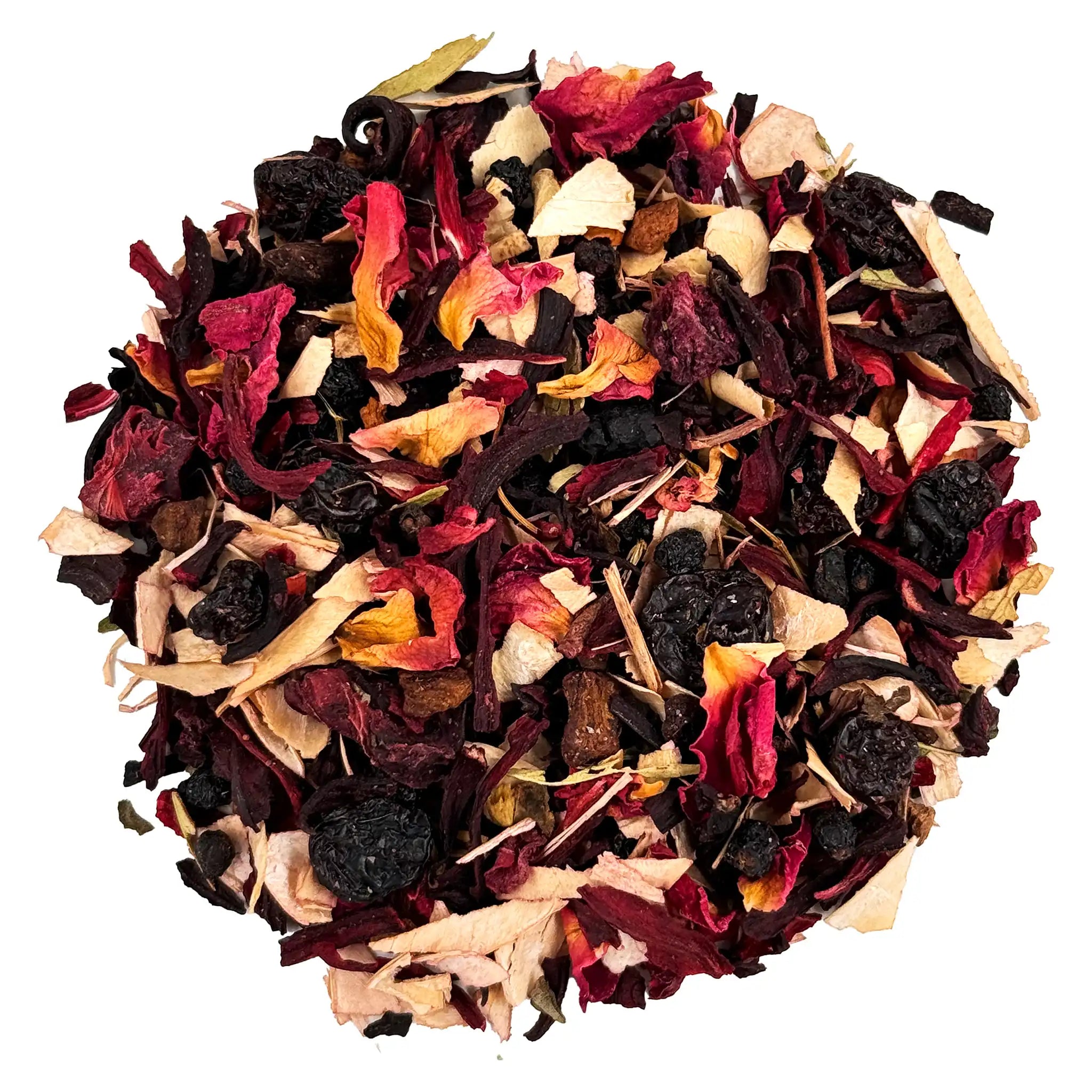 Nahaufnahme von Berry Band, einem Tee mit intensivem Rotwein-Geschmack, Hibiskus, Korinthen, Holunderbeeren, Vanille und Rosenblüten